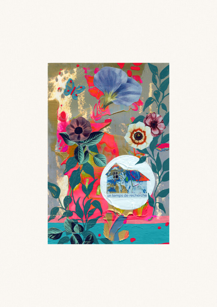 Un Temps de Recherche, série de peinture "La Bonne Aventure", collage, acrylique sur papier photo de l'artiste visuelle Charlotte Guitard 2022